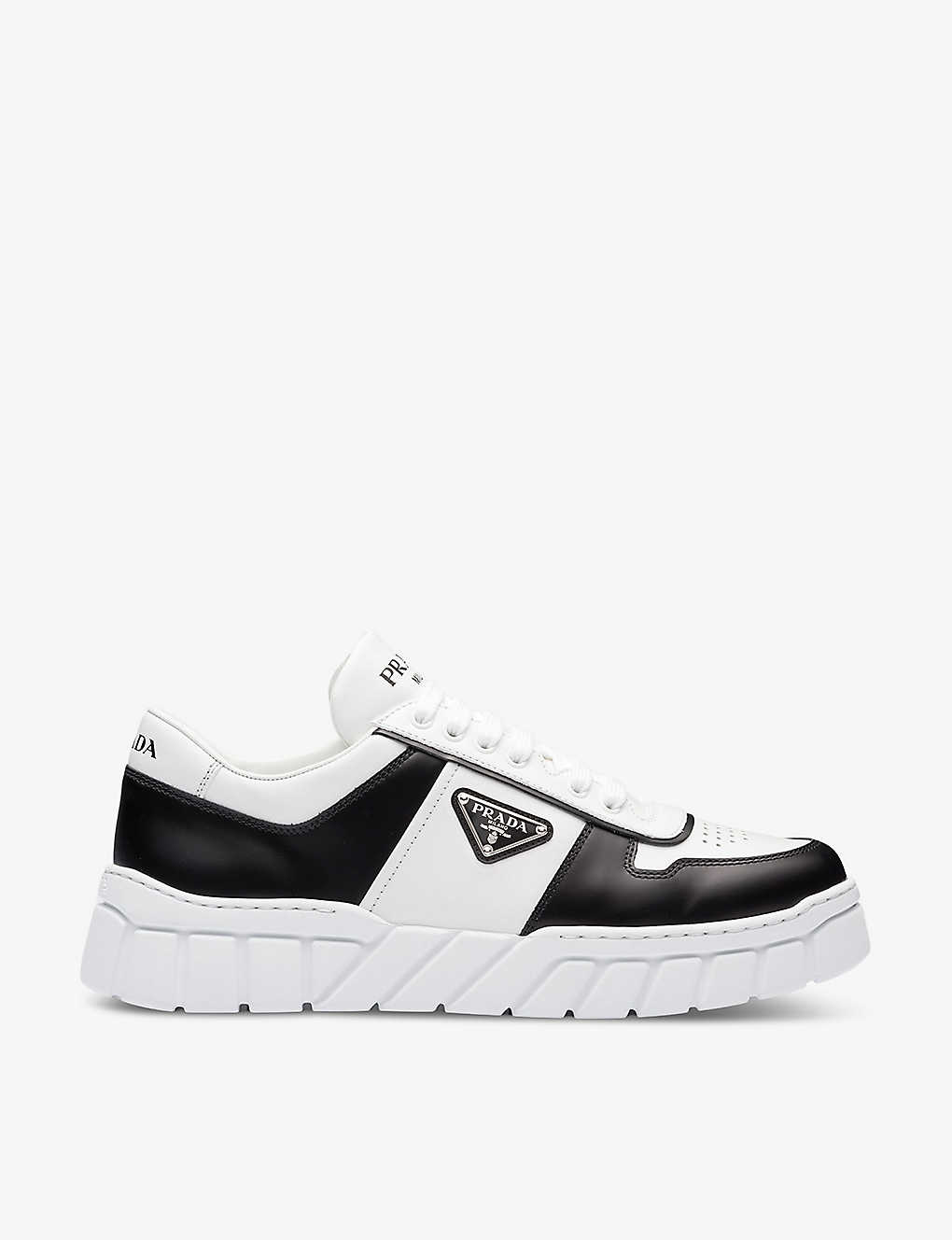Shop Prada Colour-blocked Brand-plaque Leather Mid-top Platform Trainers In White
