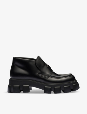 PRADA: Monolith Flatform logo-embellished brushed leather loafers