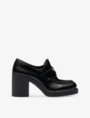 Prada Womens Black Logo-plaque Leather Heeled Loafers