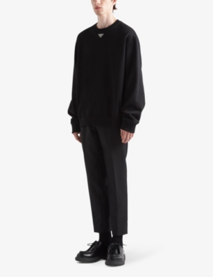 Shop Prada Logo-plaque Crewneck Relaxed-fit Cotton-jersey Sweatshirt In Black
