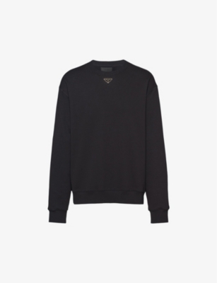 Shop Prada Logo-plaque Crewneck Relaxed-fit Cotton-jersey Sweatshirt In Black