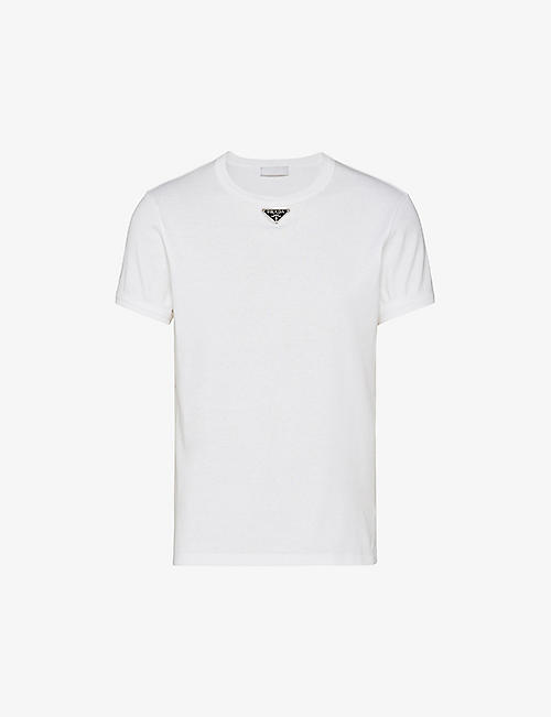 PRADA: Logo-plaque crewneck slim-fit cotton T-shirt
