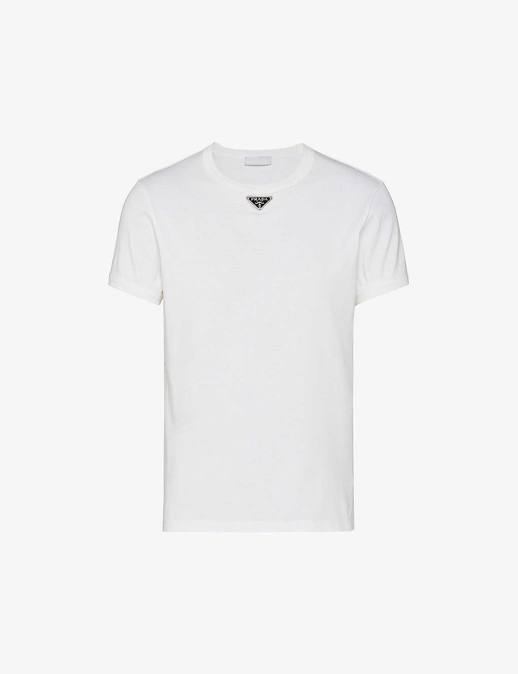 Shop Prada Mens White Logo-plaque Crewneck Slim-fit Cotton T-shirt