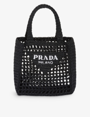 PRADA: Small logo-embroidered crochet tote bag