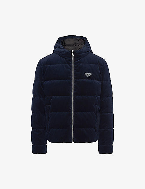 PRADA: Logo-plaque corduroy cotton-down hooded jacket