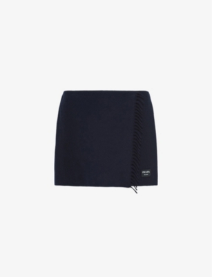 Shop Prada Womens Blue Fringe-trim Wrap Cashmere Mini Skirt