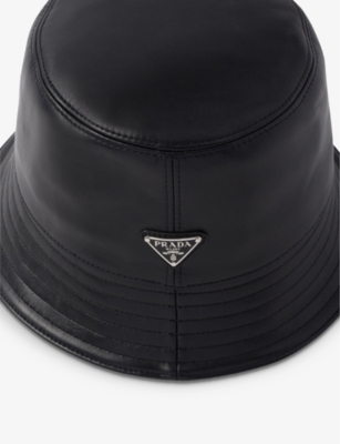 Prada Mens Black Brand-plaque Wide-brim Leather Bucket Hat In Black