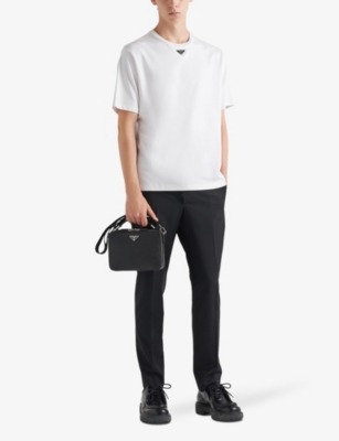 PRADA: Logo-plaque crewneck cotton T-shirt