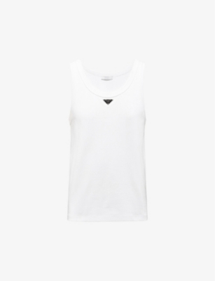 Prada Mens White Logo-plaque Crewneck Slim-fit Cotton Vest Xxxl