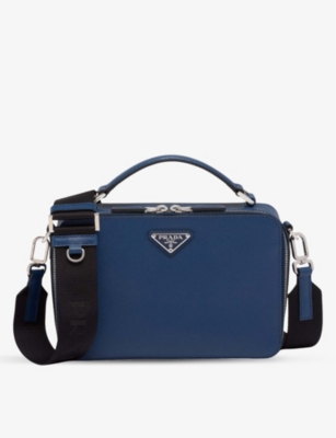 Prada Men's Medium Brique Saffiano Leather Bag In Blue