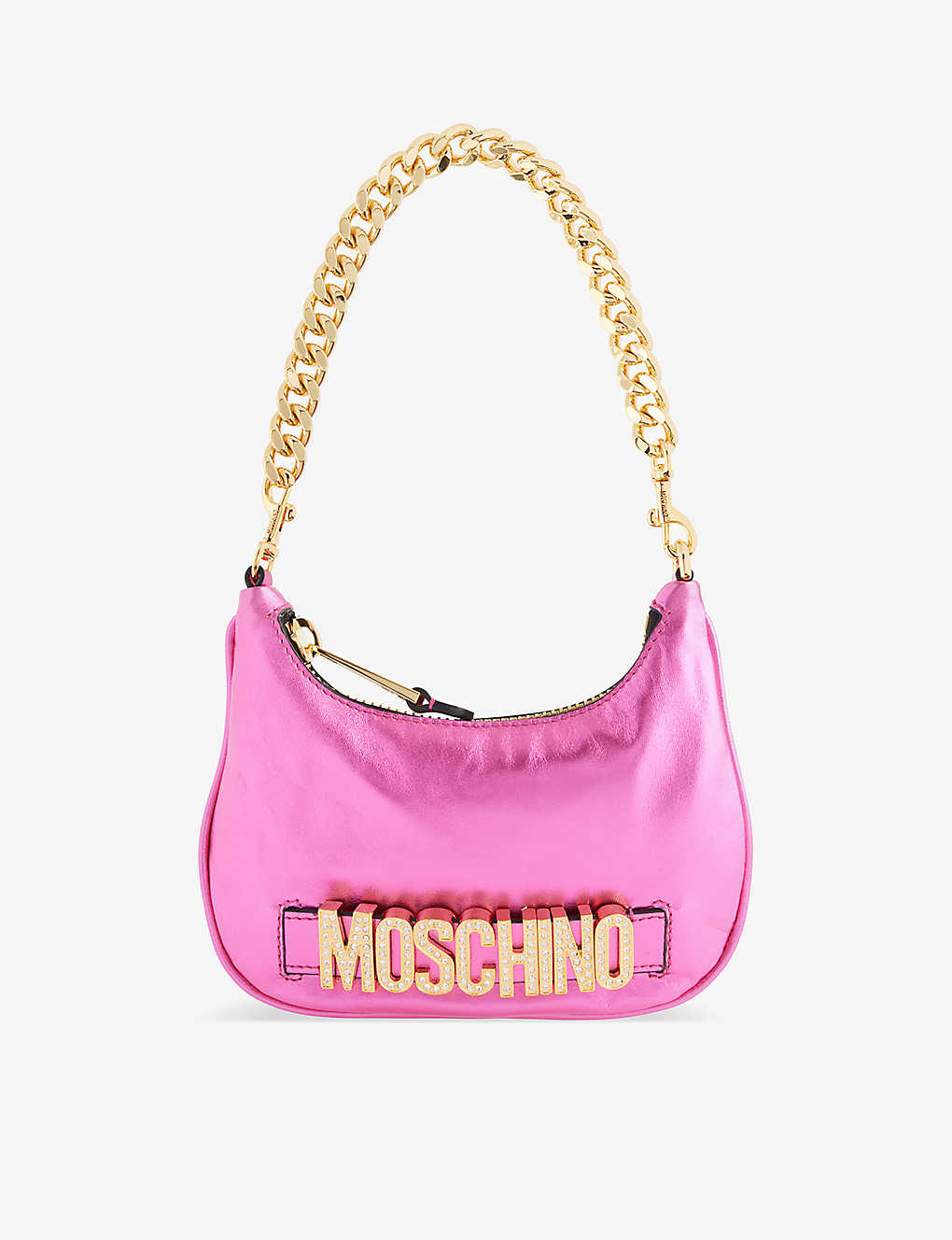 Moschino Womens Fantasy Print Violet Logo-plaque Chain-strap Leather Shoulder Bag