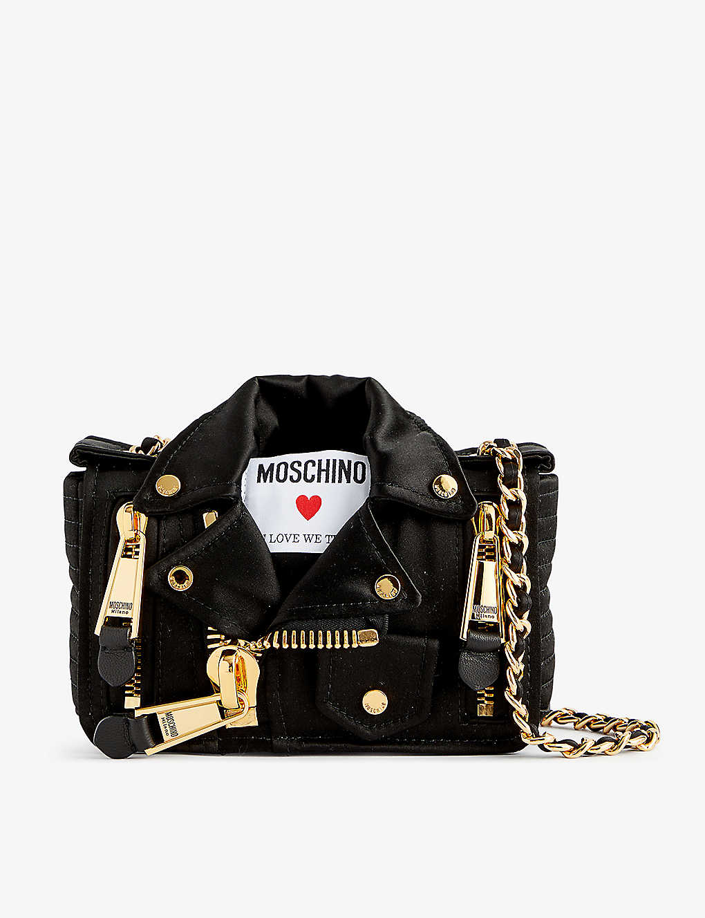 Shop Moschino In Love We Trust Biker Satin Shoulder Bag In Fantasy Print Black