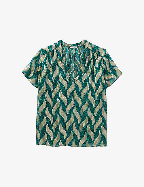 IKKS: Paisley-print metallic-knitted top