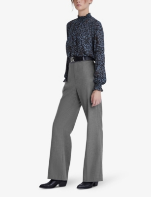 Shop Ikks Women's Medium Grey High-rise Stripe-pattern Stretch-woven Trousers