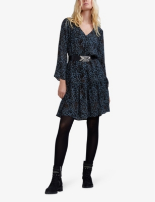 Shop Ikks Women's Blue Storm Panther And Skull-print V-neck Crepe Mini Dress