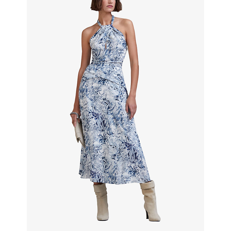 Shop Ikks Women's Ecru Tattoo-print Asymmetric-collar Woven Midi Dress