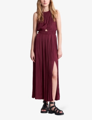Shop Ikks Asymmetric-top Pleated Satin Maxi Dress In Bordeaux