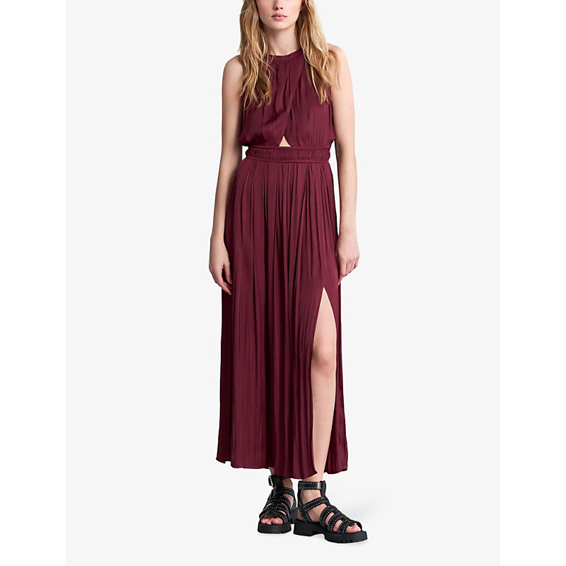 Shop Ikks Women's Bordeaux Asymmetric-top Pleated Satin Maxi Dress