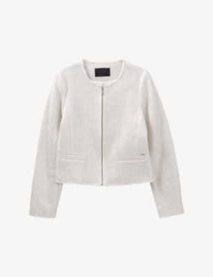 Ikks Womens Silver Tweed-effect Metallic-coated Cotton Jacket
