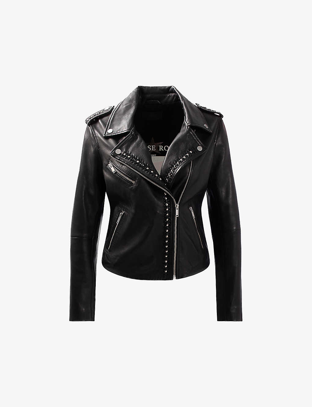 Ikks Womens Black Leather Stud-embellished Leather Jacket