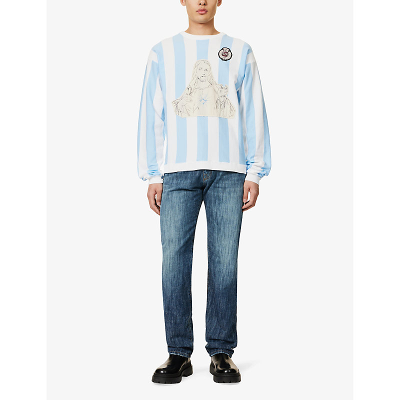 Shop 424 Men's Panna Baby Blue Soccer Brand-motif Knitted Sweatshirt