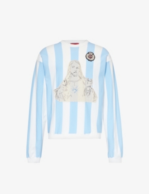 Shop 424 Men's Panna Baby Blue Soccer Brand-motif Knitted Sweatshirt