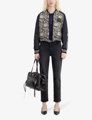 Shop The Kooples Women's Black Grey Metallic Floral-embroidered Woven Jacket