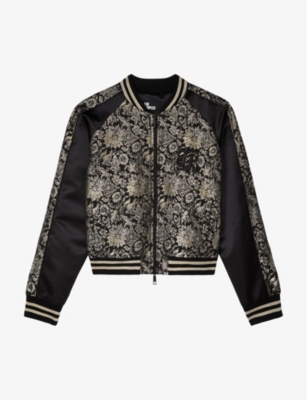 The Kooples Womens Black Grey Metallic Floral-embroidered Woven Jacket