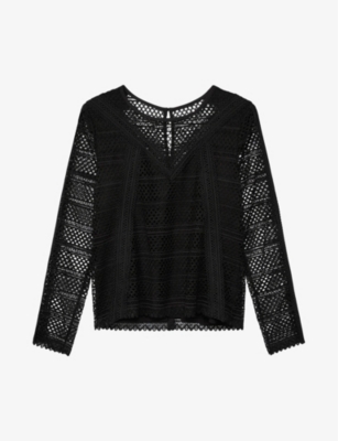 The Kooples Lace-embroidered Long-sleeve Woven Top In Black