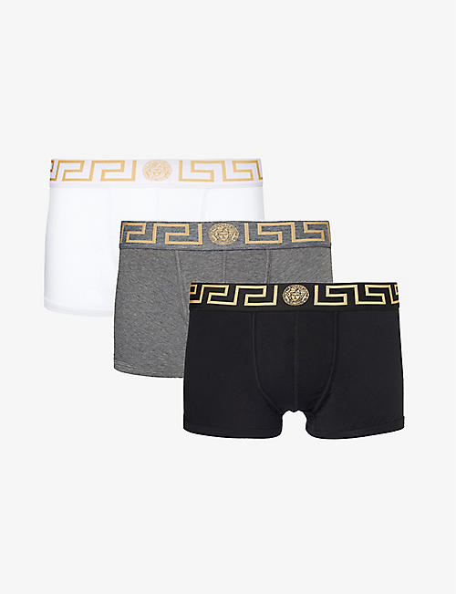VERSACE: Logo-waistband pack of three stretch-cotton trunks