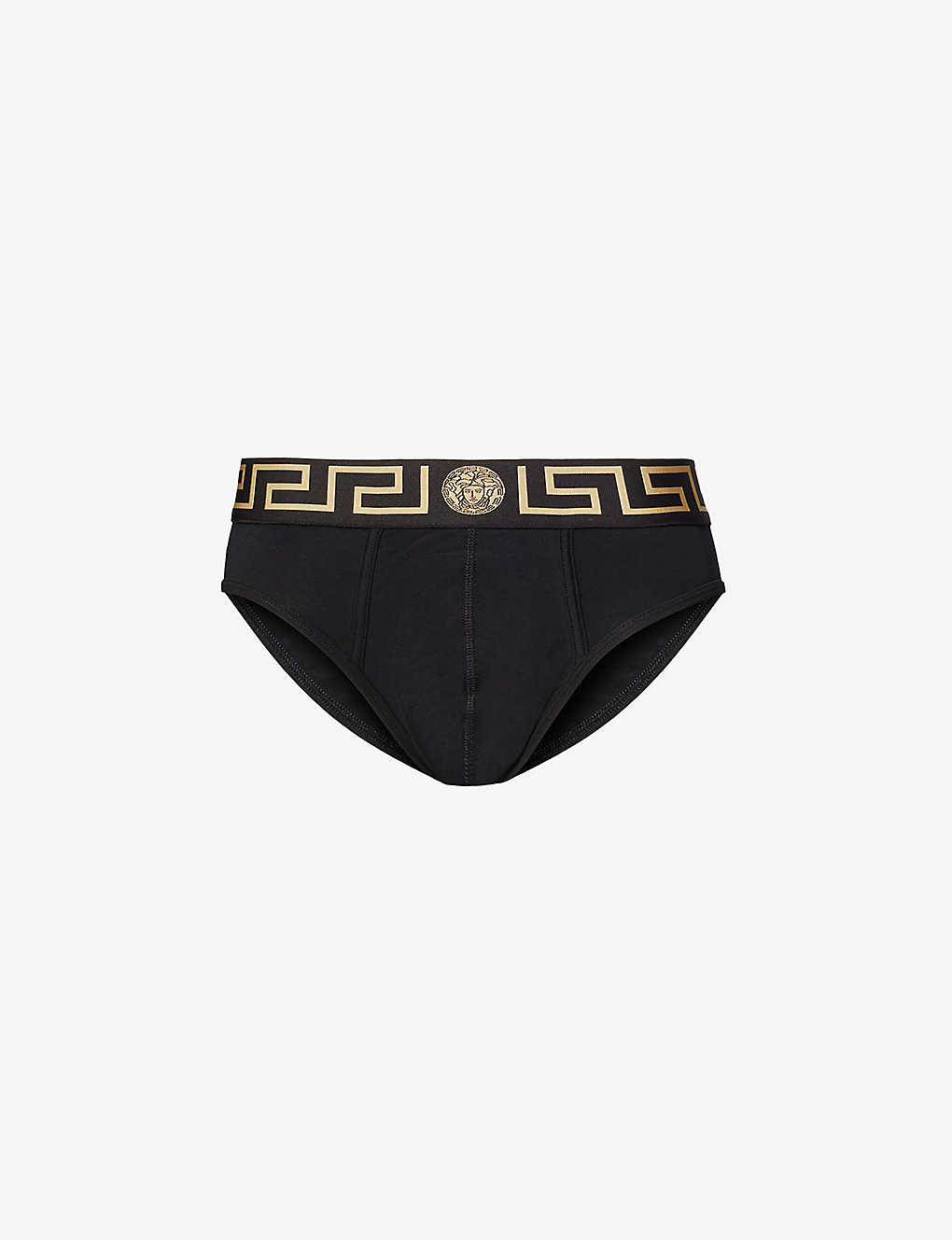 Shop Versace Logo-waistband Pack Of Two Stretch-cotton Briefs In Black Gold Greek Key
