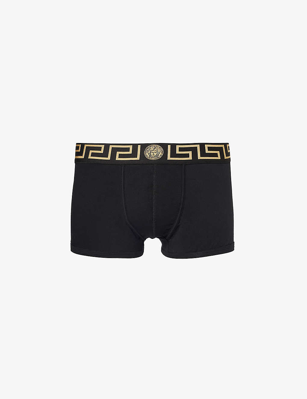 Versace Mens Black Gold Greek Key Logo-waistband Stretch-cotton Trunks