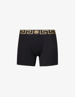 Versace Mens Black Gold Greek Key Logo-waistband Stretch-cotton Trunks