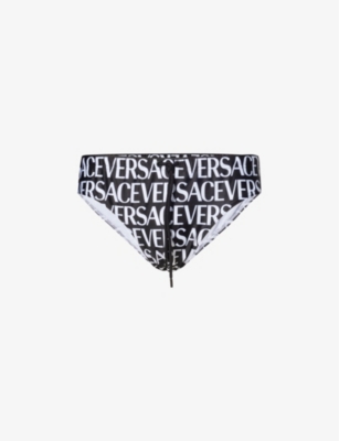 Shop Versace Mens Black+white Brand-print Lined Swim Briefs In Monochrome