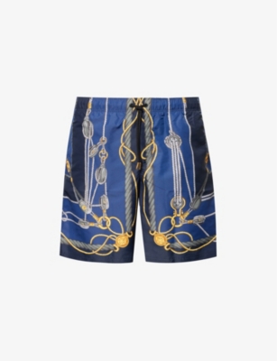 Shop Versace Men's Blue+gold Brand-print Slip-pocket Swim Shorts