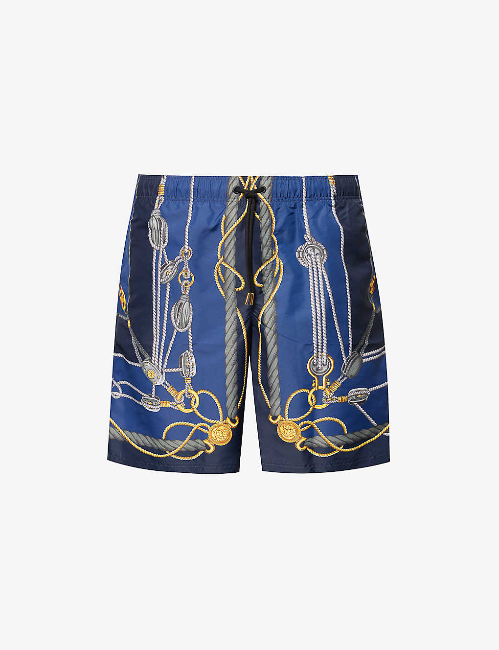 Shop Versace Men's Blue+gold Brand-print Slip-pocket Swim Shorts