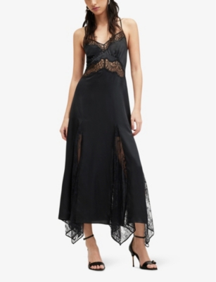 Shop Allsaints Womens Black Jasmine Lace-embroidered Asymmetric-hem Woven Midi Dress