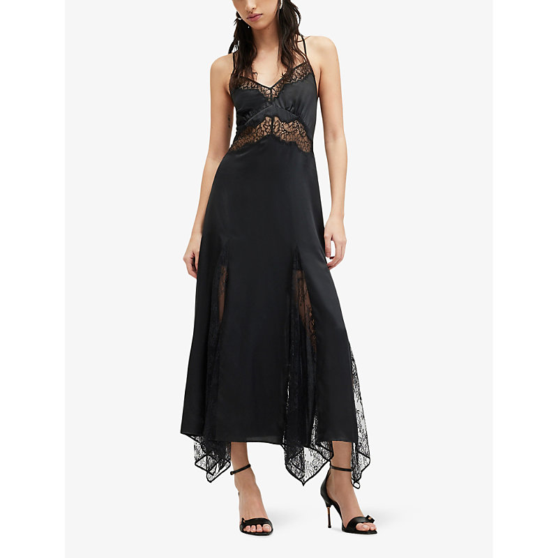 Shop Allsaints Women's Black Jasmine Lace-embroidered Asymmetric-hem Woven Midi Dress