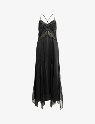Shop Allsaints Women's Black Jasmine Lace-embroidered Asymmetric-hem Woven Midi Dress