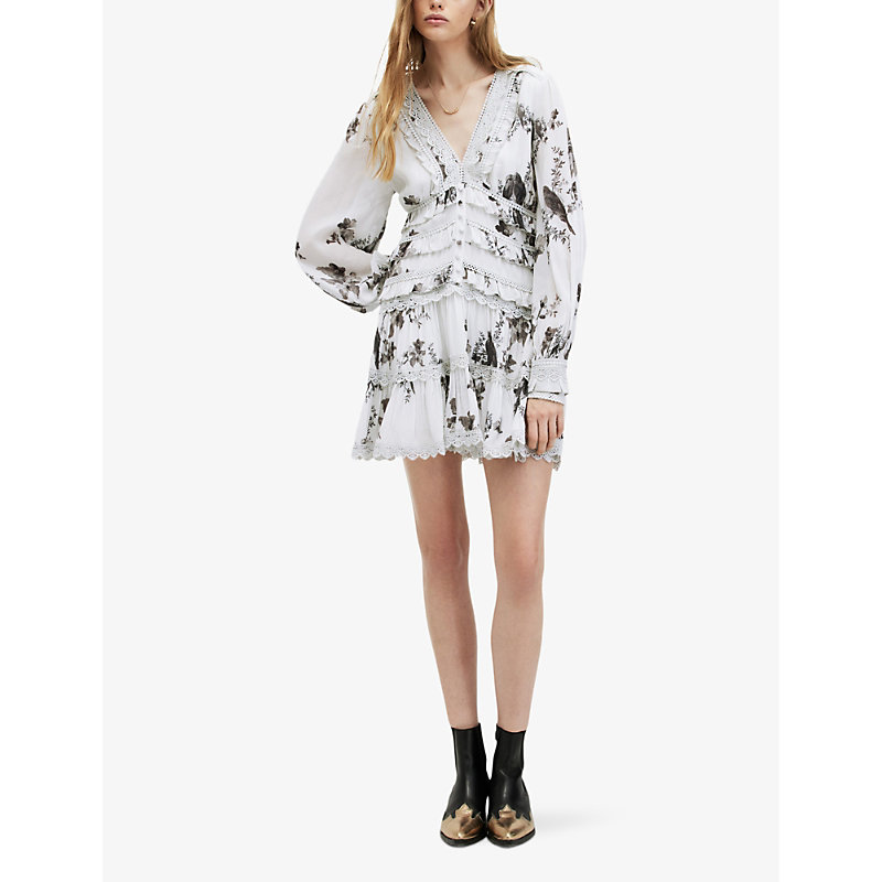 Shop Allsaints Zora Iona Graphic-print Ruffle-trim Woven Mini Dress In Off White