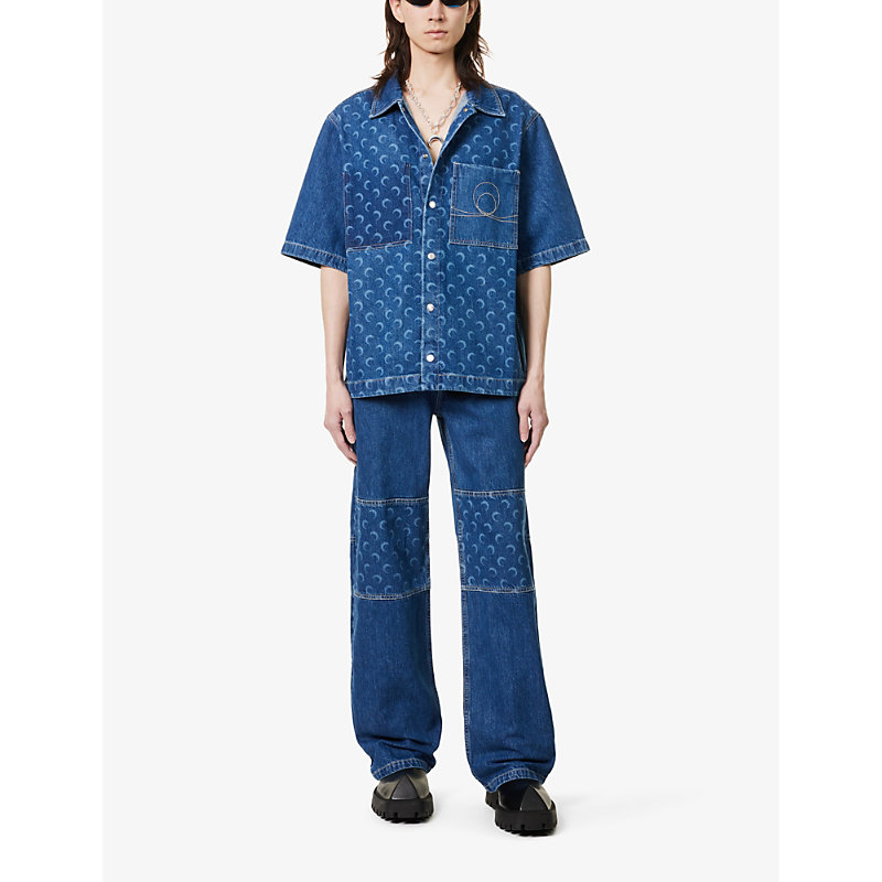 Shop Marine Serre Men's Blue Deadstock Moon-motif Relaxed-fit Denim Shirt