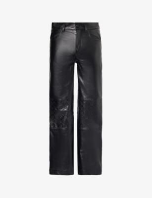 MARINE SERRE: Brand-plaque brand-embossed mid-rise wide-leg leather trousers