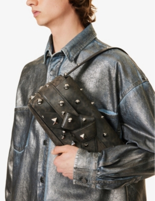 Shop Acne Studios Dark Brown Musubi Stud-embellished Leather Shoulder Bag