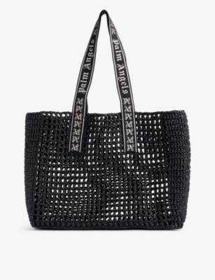 Shop Palm Angels Branded-handles Raffia Tote Bag In Black/black