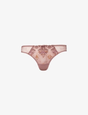 Chantelle Champs Elysées Embroidered Stretch-mesh Tanga Briefs In Henne Multico