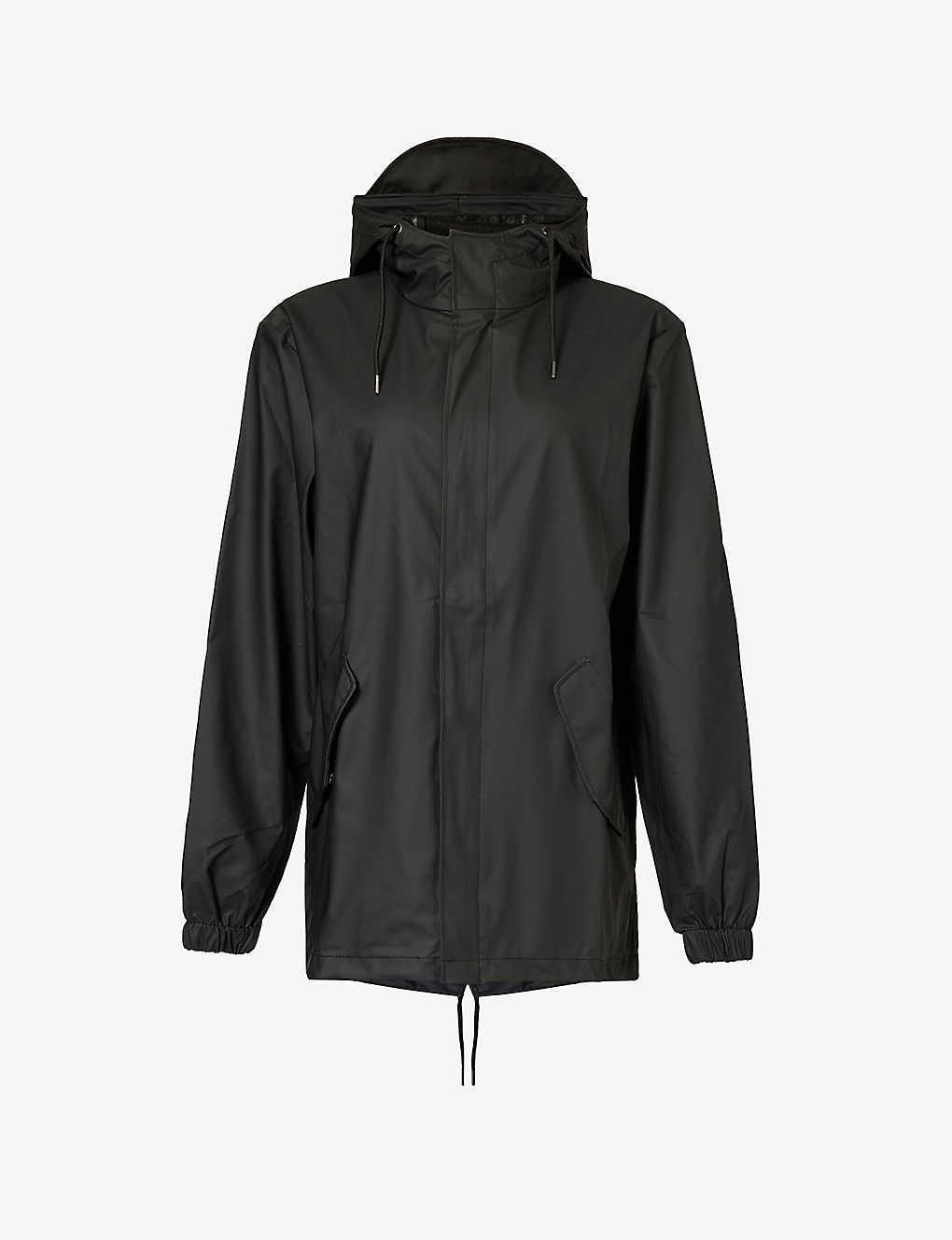 Rains Womens Black Fishtail Drawstring-hood Shell Jacket