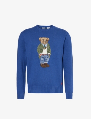 Shop Polo Ralph Lauren Men's Beach Royal Preppy Polo Bear-intarsia Cotton Knitted Jumper In Blue