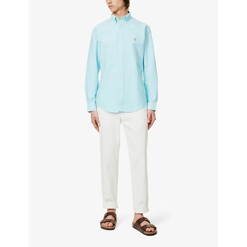 Shop Polo Ralph Lauren Men's Aegean Blue Logo-embroidered Custom-fit Cotton-piqué Shirt