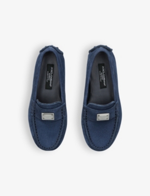 Shop Dolce & Gabbana Boys Blue Kids Brand-plaque Suede Loafers