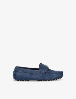 Shop Dolce & Gabbana Boys Blue Kids Brand-plaque Suede Loafers